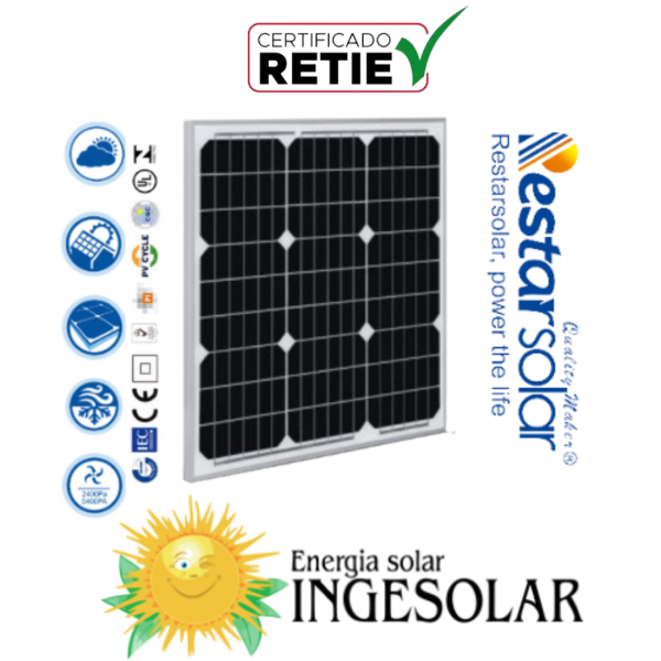 PANEL MONOCRISTALINO 40W Voc 21.6 / Isc 2.45 -RESTAR- 60 MESES DE GARANTIA